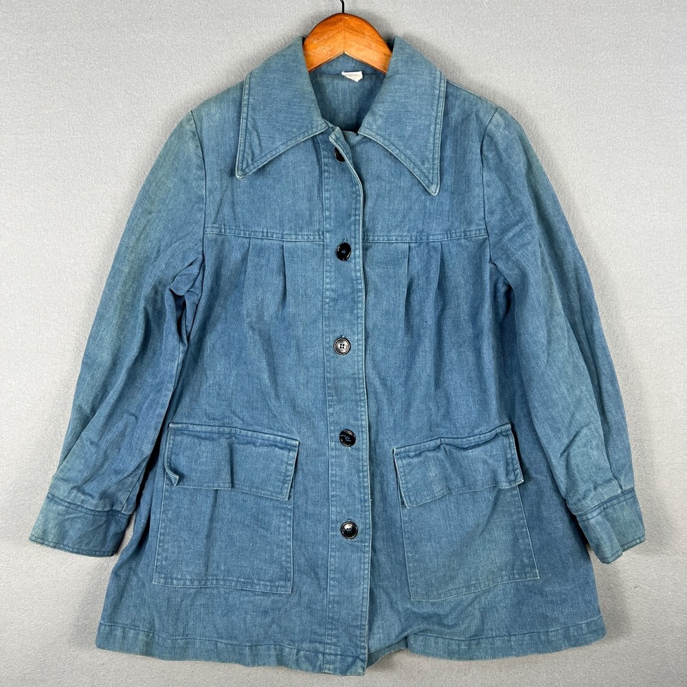 VTG 70s Great Six‎ Denim Swing Coat M Wide Collar Boho Hippie Drench Jacket USA